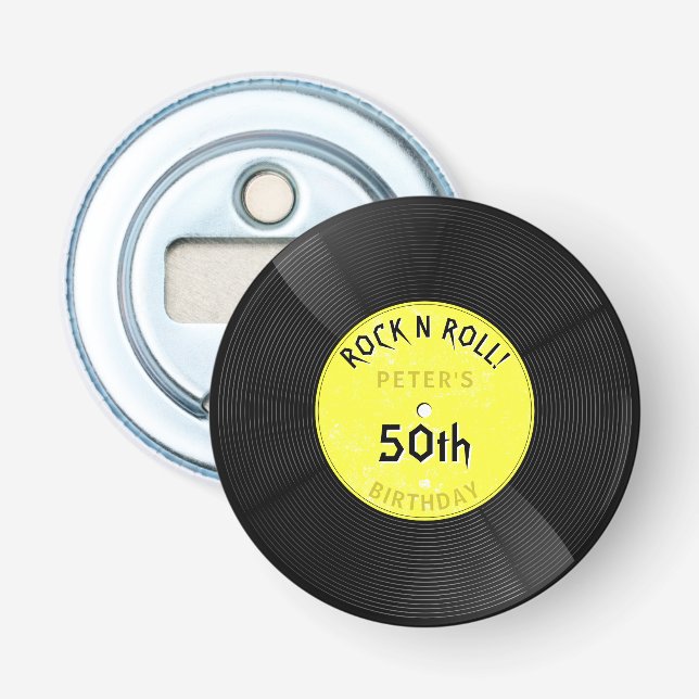 Décapsuleur Disque Vinyle Rétro Rock N Roll Jaune Anniversaire (Devant)