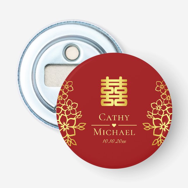 Décapsuleur Élégant double bonheur floral chinois pour mariage (Devant)