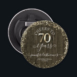 Décapsuleur Elégant Gold 70th Birthday Script Bottle Opener<br><div class="desc">Jolie parties scintillant en faux or,  faits saillants sur la bordure supérieure et inférieure. Tout le texte est ajustable et facile à changer pour vos besoins de partie. Grand élégant design modèle de 70ème anniversaire. arrière - plan texturé en bois bleu.</div>