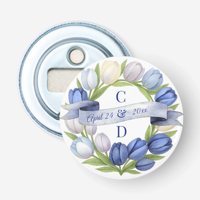 Décapsuleur Elegant Watercolor Tulip Wreath Wedding Blue Ivory (Devant)
