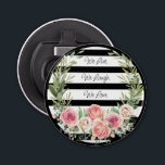 Décapsuleur Élégante couronne florale sur noir (et blanc)<br><div class="desc">Voici une grande faveur de mariage pour les invités mariages à votre événement principal ! Un bel aimant qui sert aussi d'ouvre-bouteille - un souvenir de votre journée spéciale qu'ils utiliseront encore et encore et pensent à vous chaque fois qu'ils l'utilisent ! Il présente un arrière - plan rayé noir...</div>