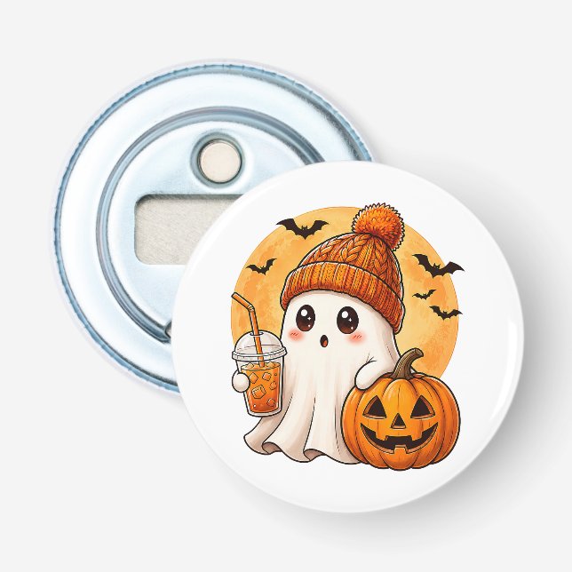 Décapsuleur Fantôme buvant un café glacé avec Halloween citrou (Devant)