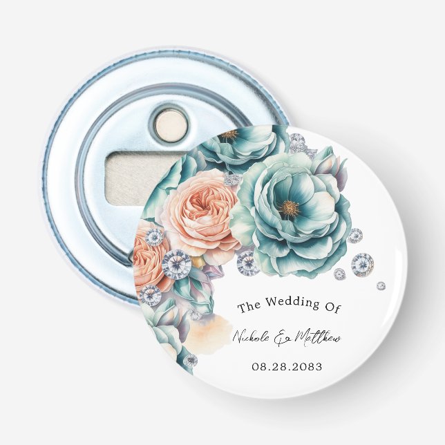Décapsuleur Faveur de mariage diamantée aux roses turquoise et (Devant)
