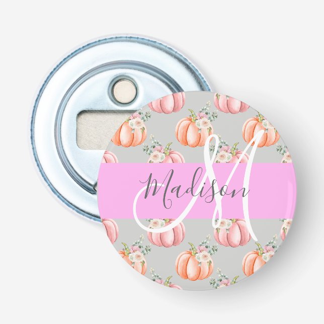 Décapsuleur Féminin Floral Gris Rose Pêche Citrouille Monogram (Devant)