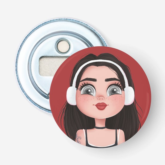 Décapsuleur Fille de dessin animé avec casque sur fond rouge (Devant)