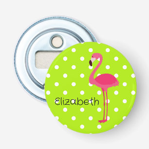 Décapsuleur Flamant rose rose vif sur Pois vert et blanc