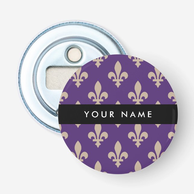 Décapsuleur Fleur de Lis, Beige sur Violet, Royal, Votre Nom (Devant)
