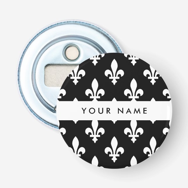 Décapsuleur Fleur de Lis, Blanc sur Noir, Blanc, Votre Nom (Devant)