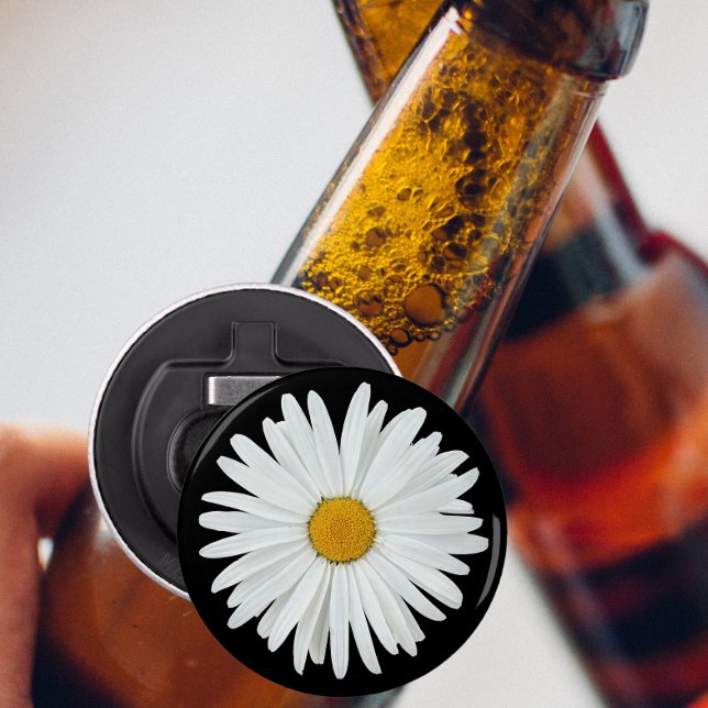 Décapsuleur Fleur marguerite blanche sur Floral noir (In Situ Beer Bottle)