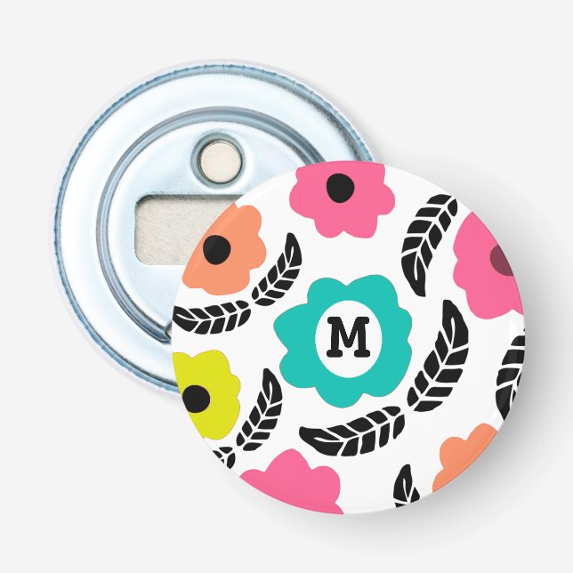 Décapsuleur Fleurs lumineuses modernes et monogramme à feuille (Devant)