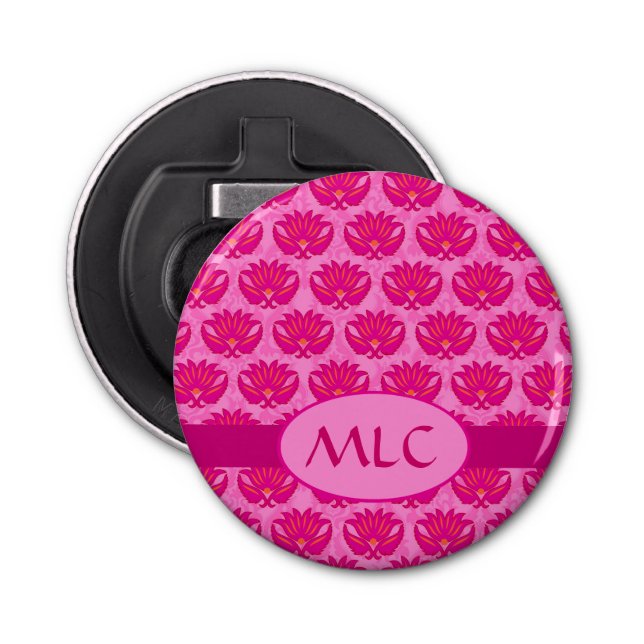Décapsuleur Fuchsia rose moderne Art nouveau Damas Monogramme (Devant)