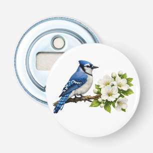 Décapsuleur Geai bleu avec des fleurs blanches