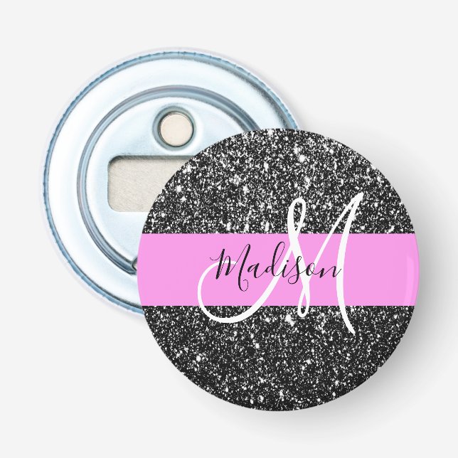 Décapsuleur Glam Chic Rose Noir Paillettes Paillettes Nom Mono (Devant)