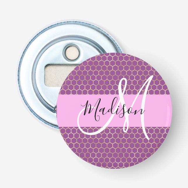 Décapsuleur Glam Fuchsia Métallic Rose Nid d'abeille Monogramm (Devant)