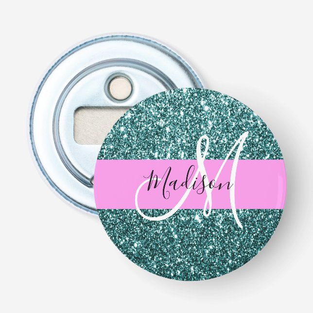 Décapsuleur Glam Rose Turquoise Vert Pailleté Étincelle Monogr (Devant)