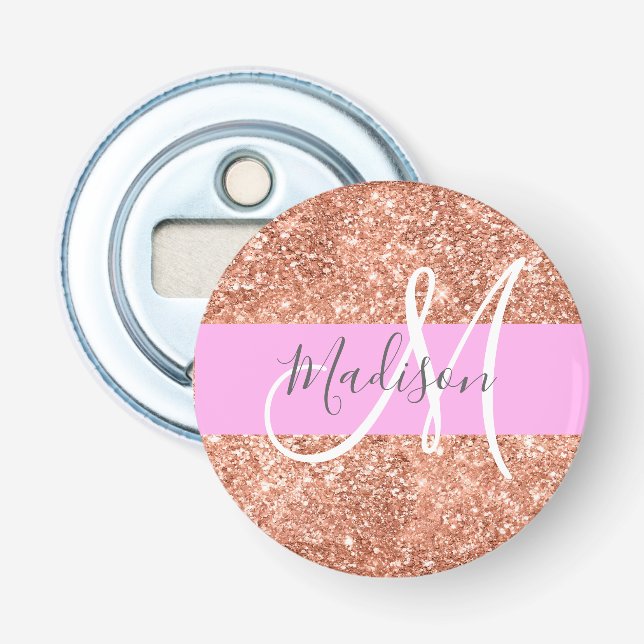 Décapsuleur Glamour Féminin Rose Pêche Or Paillettes Monogramm (Devant)