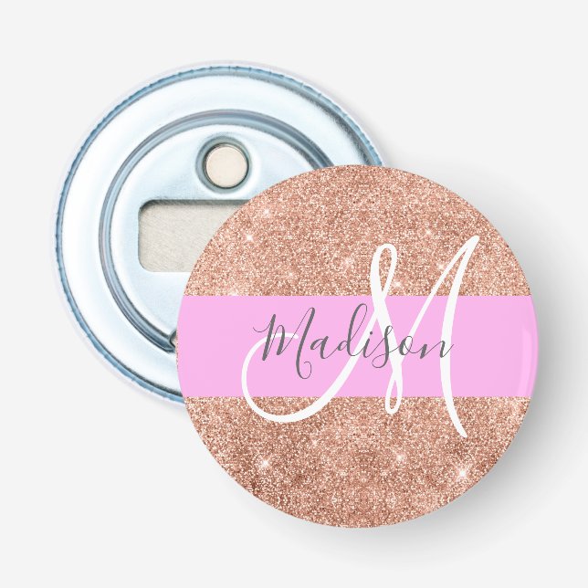 Décapsuleur Glamour Féminin Rose Pêche Or Paillettes Monogramm (Devant)