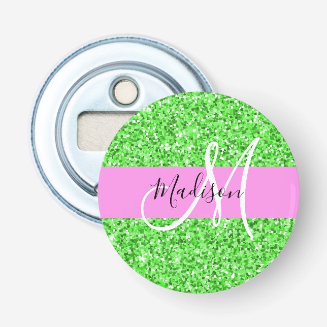 Décapsuleur Glamour Rose et Vert Paillettes Monogramme Nom (Devant)