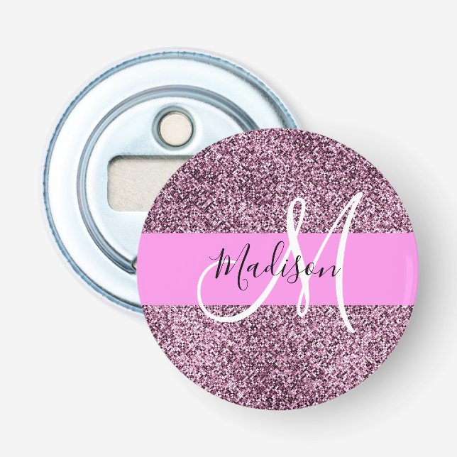 Décapsuleur Glamour Rose & Violet Paillettes Monogramme Nom (Devant)