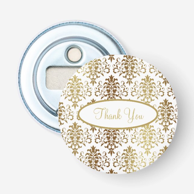Décapsuleur Gold Damask White Script Mariage Élégant Merci (Devant)