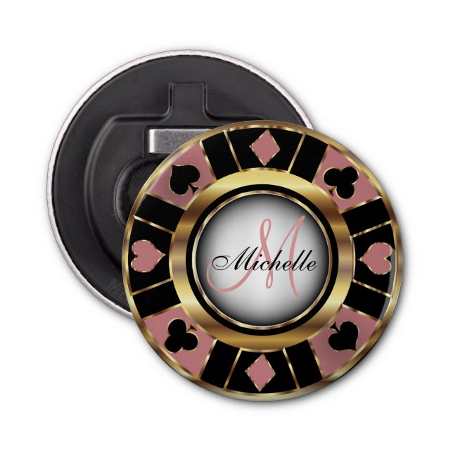 Décapsuleur Gold et Dusty Rose Poker Chip Design - Monogramme (Devant)