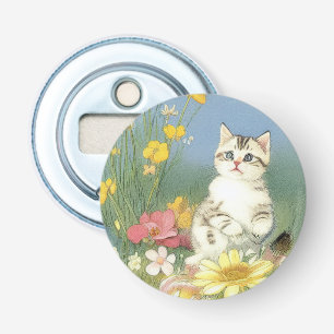 Décapsuleur Illustration de Kitten vintage avec Fleurs Jaunes