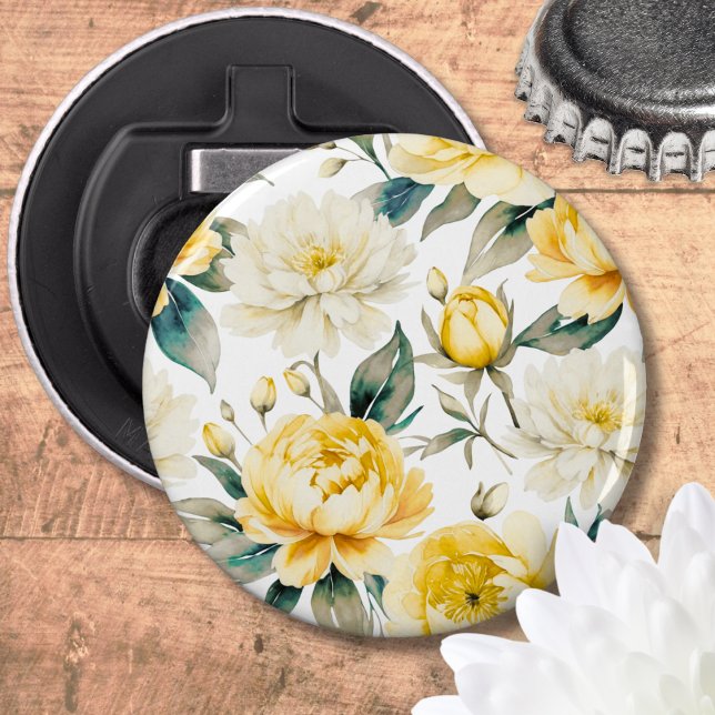 Décapsuleur Joli floral élégant jaune et blanc (A classic bottle opener with yellow and white chrysanthemum and peony floral design)