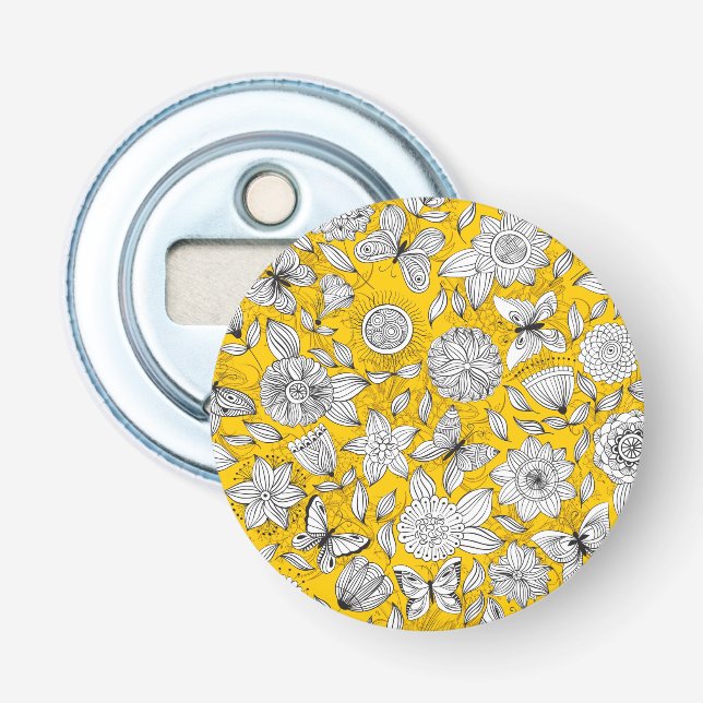 Décapsuleur Joli motif abstrait floral blanc jaune (Devant)