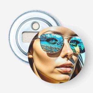 Décapsuleur Jolie femme avec reflet de lunettes de soleil de p