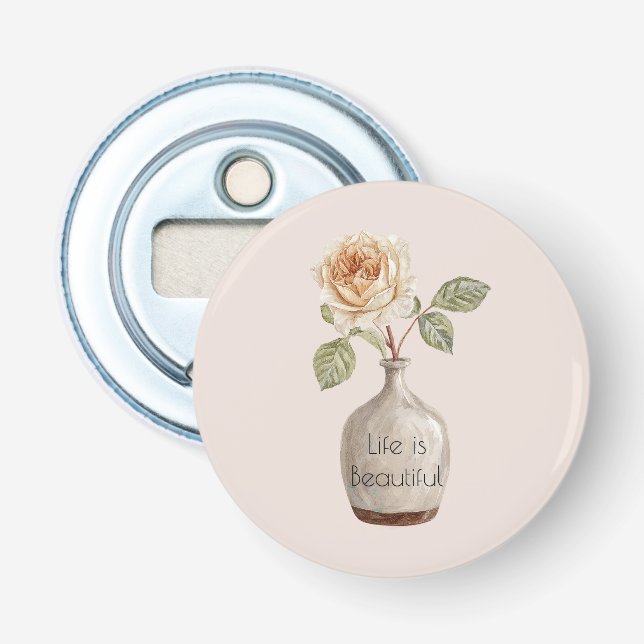 Décapsuleur Jolie Fleur de Rose Pêche dans un Vase   (Devant)