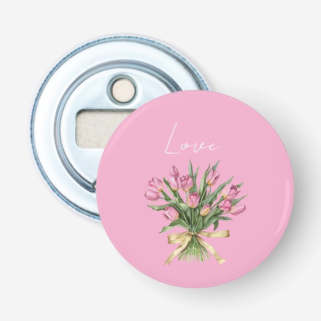 Décapsuleur Jolies fleurs de tulipe roses ruban doré amour (Devant)