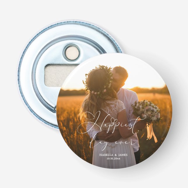 Décapsuleur Jour le plus heureux Élégant Calligraphie Mariage  (Devant)