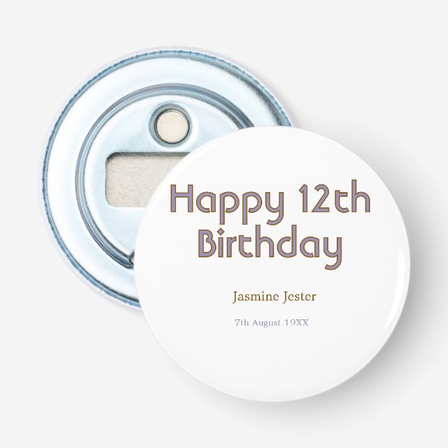 Décapsuleur joyeux 12ème anniversaire bleu doré nom date simpl (Devant)