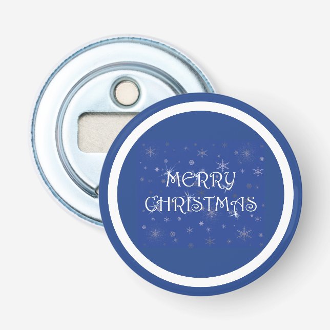 Décapsuleur Joyeux Noël en bleu avec des flocons de neige (Devant)