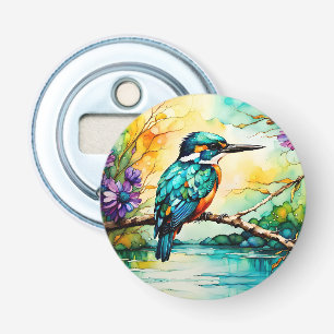Décapsuleur Kingfisher sur l'eau et les Fleurs sauvages