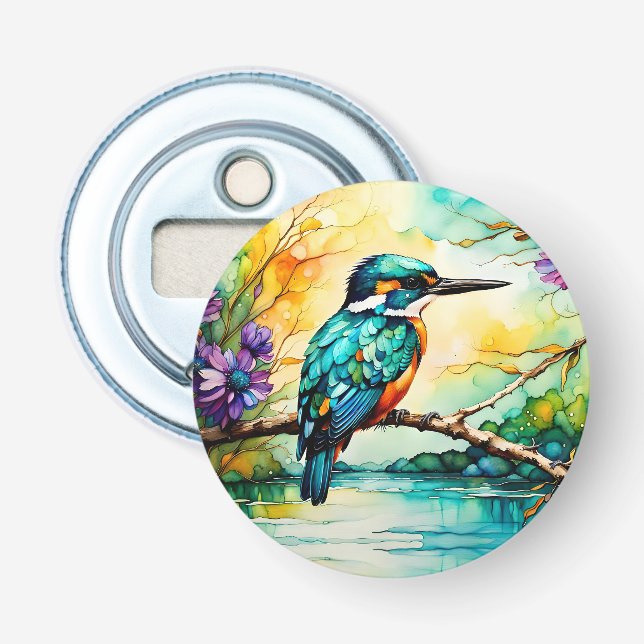 Décapsuleur Kingfisher sur l'eau et les Fleurs sauvages (Devant)