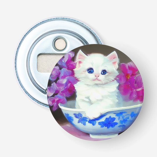 Décapsuleur Kitten blanc vintage aux fleurs roses (Devant)