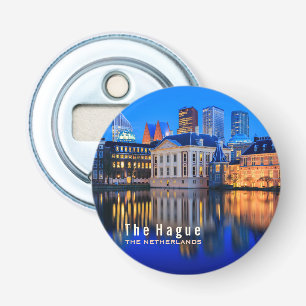Décapsuleur La skyline de La Haye à l'heure bleue texte