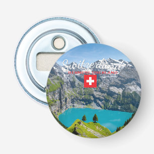 Décapsuleur Lac alpin Oeschinensee en Suisse avec drapeau