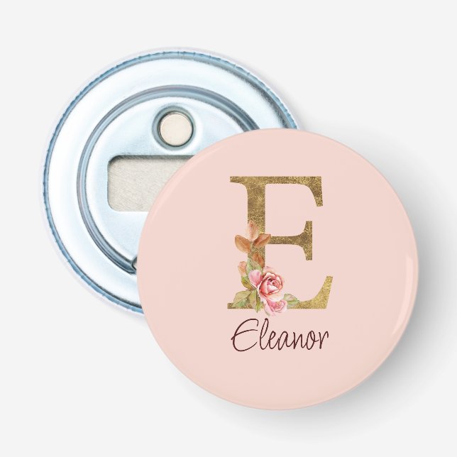 Décapsuleur Lettre de nom personnalisée E Roses rose poudré fe (Devant)