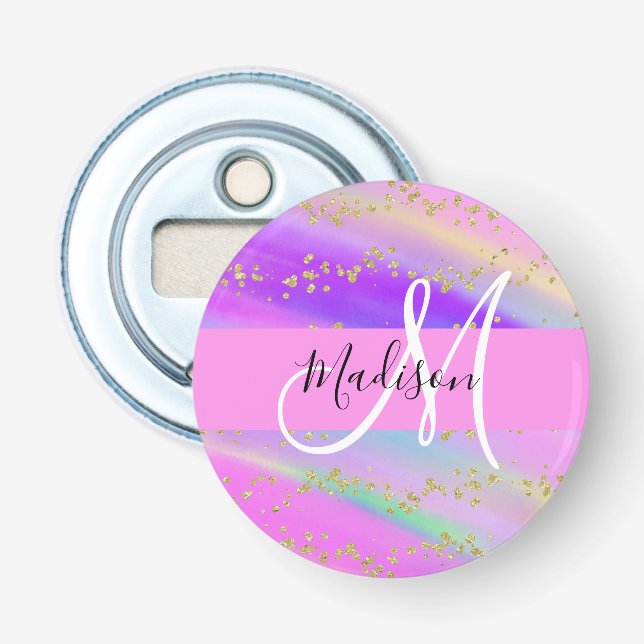 Décapsuleur Licorne Arc-en-ciel Doré Paillettes Monogramme Col (Devant)
