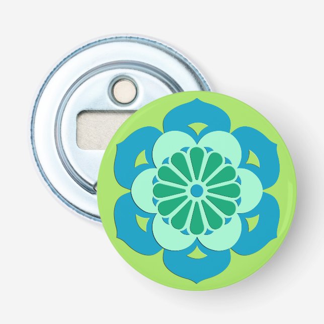 Décapsuleur Lotus Flower Mandala, Lime Green et Bleu clair (Devant)