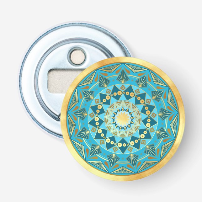 Décapsuleur Mandala bleu or sur fond or doux (Devant)