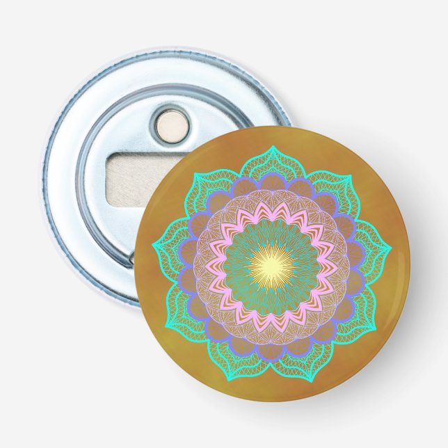 Décapsuleur Mandala Coloré sur Fond Doré (Devant)