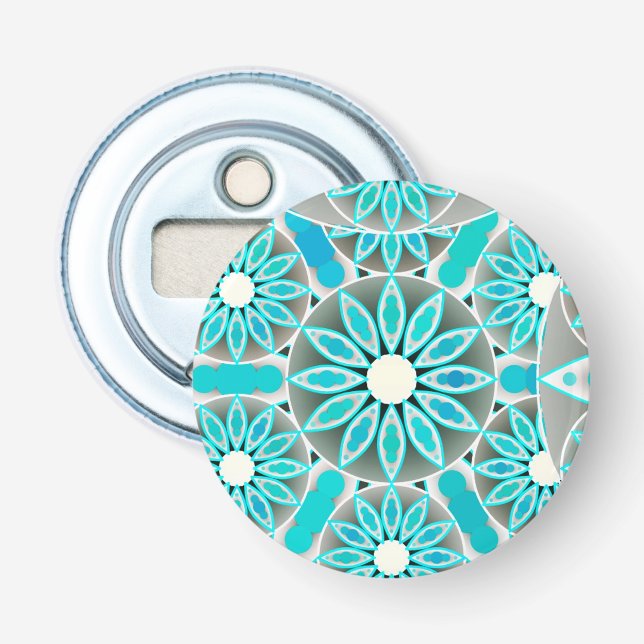 Décapsuleur Mandala motif, turquoise, gris argenté et blanc (Devant)
