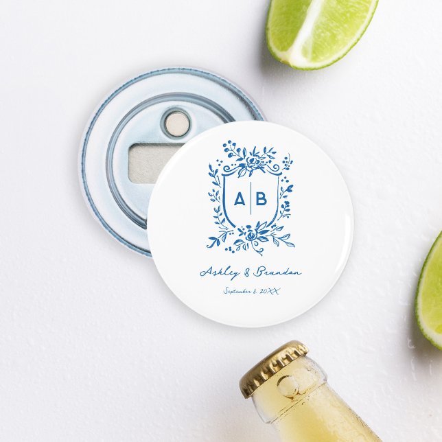 Décapsuleur Mariage Armoiries Monogramme Fantaisiste Bleu Fran (Créateur téléchargé)