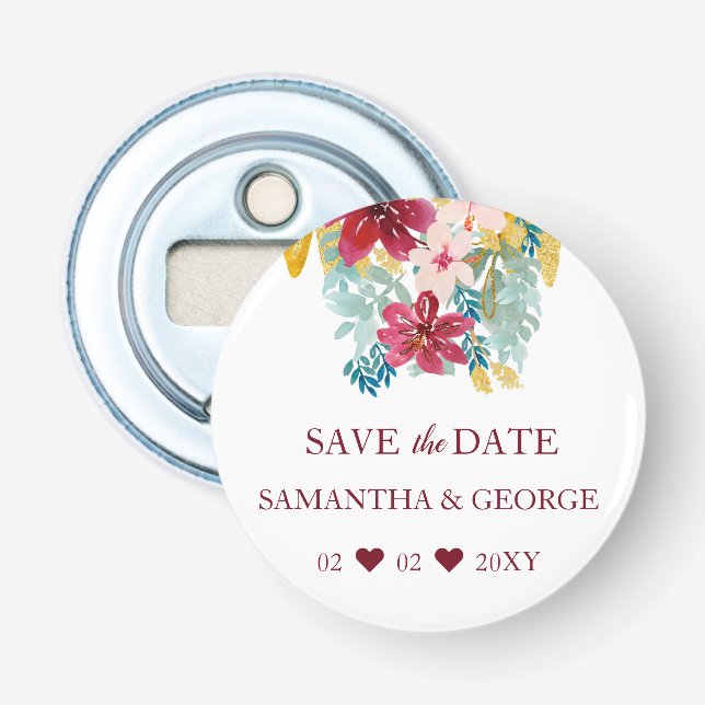 Décapsuleur Mariage Botanique Floral Or Marsala Bourgogne (Devant)