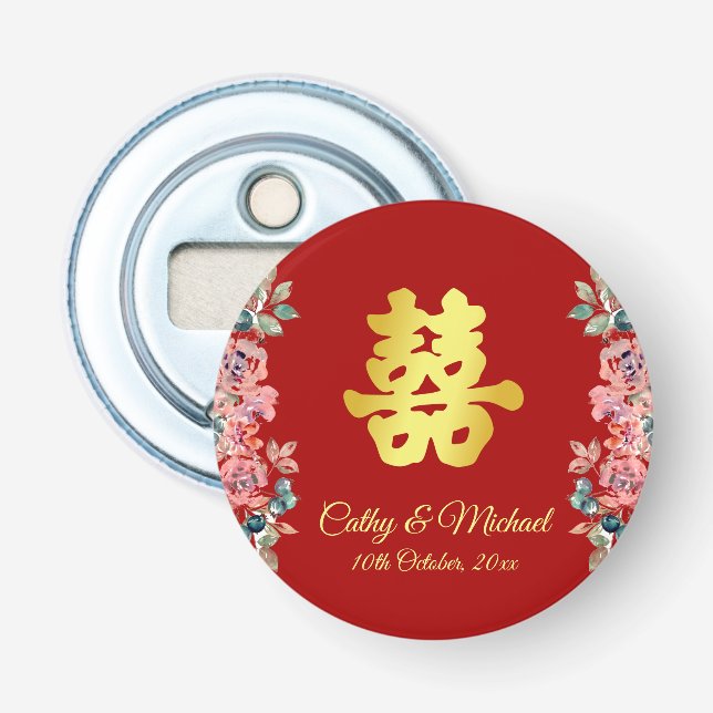 Décapsuleur Mariage chinois rouge double bonheur floral (Devant)