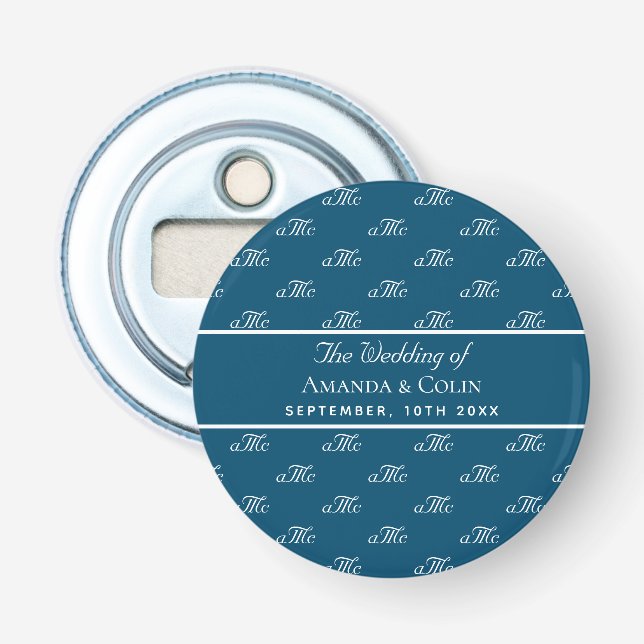 Décapsuleur Mariage de couple de monogrammes blancs bleu marin (Devant)