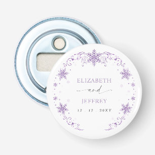 Décapsuleur Mariage d'hiver aux flocons de neige violets éléga